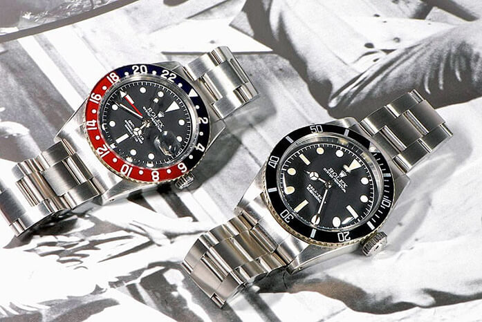 The “Goldfinger” models: Rolex GMT, reference 6542 (The Pussy), and Rolex Submariner, reference 6538 (The James)