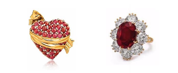 (Left)The Sash Heart Brooch by Verdura That Tyrone Power commissioned for his wife Annabella on the cover of If These Jewels Could Talk. (Right)Van Cleef & Arpel's 8.25 carat ruby ring Elizabeth Taylor