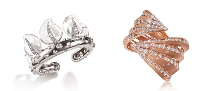 Left: Belperron Leaf Coronet Cuff,  Right: Alexandre Reza Dune Bangle