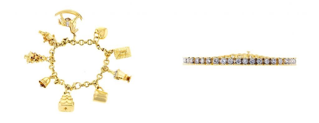 Left: Tiffany & Co. charm bracelet
Right: Nonbranded round cut tennis bracelet