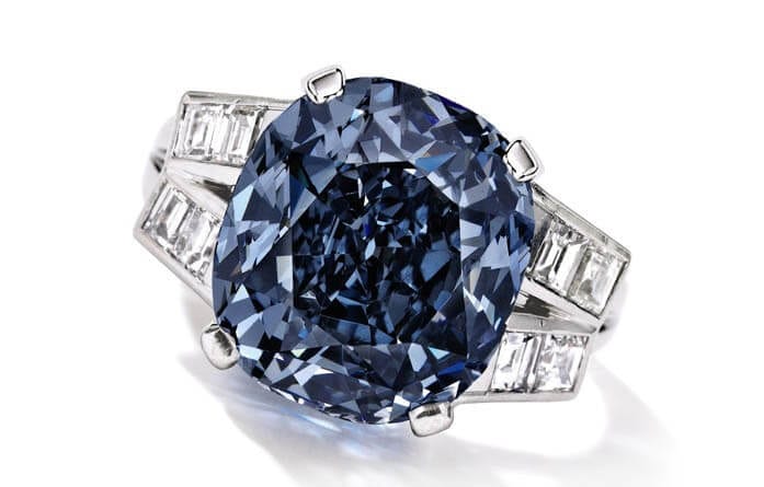 Shirley Temple Blue Diamond, photo courtesy of Sotheby’s. The top bid was $3 million below the low estimate of $25 million.