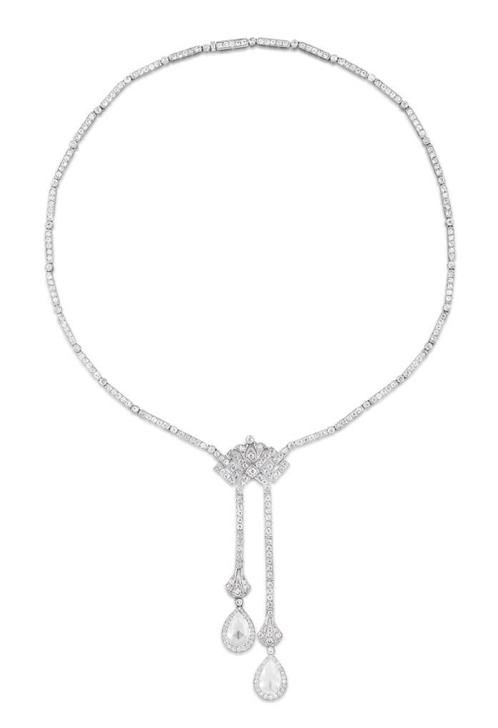 Negligee necklace in platinum with natural pearls by Stephen Russell.