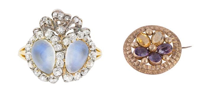 Left: Bentley & Skinner's Victorian moonstone and mine-cut diamond double heart ring with bow on top symbolizes two hearts tied together in love. Right: The Spare Room's Language of Love Pansy Brooch means “think of me.”