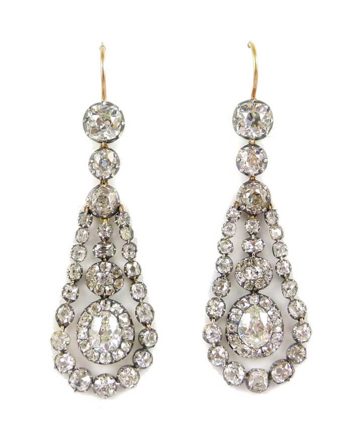 Early 19th century diamond pendant earrings from S.J. Philips.