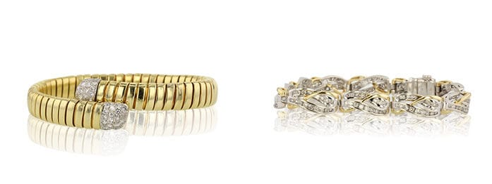 Left: Round Cut Bangle Cartier Bracelet sold at Worthy. Right: Round Cut Tennis Bracelet