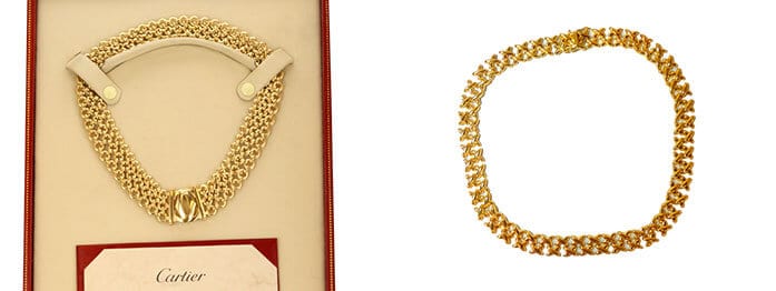 Left: Choker Cartier Necklace auctioned at Worthy. Right: Gold Collar Necklace