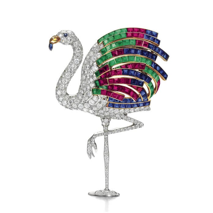 Ruby, sapphire, emerald, citrine and diamond flamingo clip. Photo courtesy of Sotheby's.