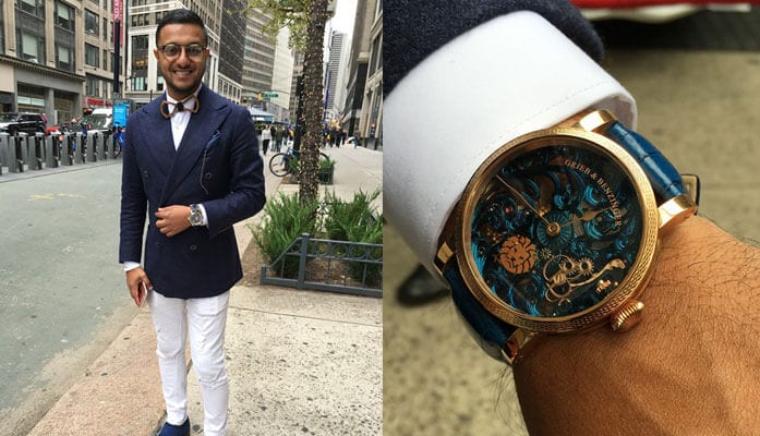 Left: Anish Bhatt. Right: Anish’s custom Greib & Benzinger watch