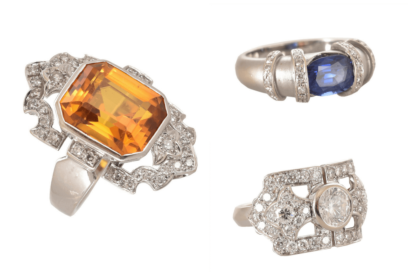 Clockwise from left: Imperial Topaz Ring, Deco Ring and Sapphire Ring. Photos courtesy of Percossi Papi. 