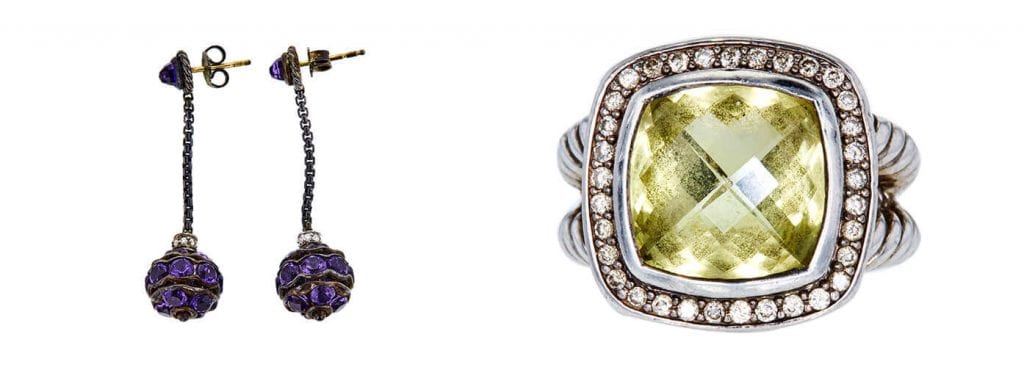 Left: David Yurman Amethyst and Diamond Earrings. Right: David Yurman 5.01 CT Citrine Halo Ring. Photo credit: Worthy.