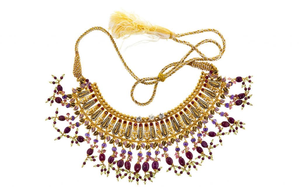 Bib necklace featuring European cut diamonds, amethyst, sapphire and ruby