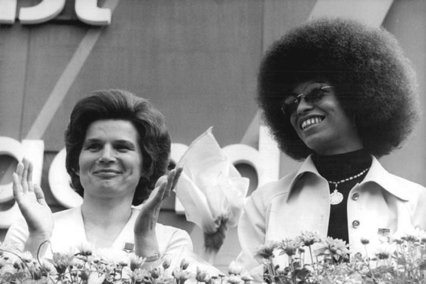 Angela Davis helped launch the rise of the afro. Here she is pictured with Russian astronaut Valentina Tereshkova in 1973.