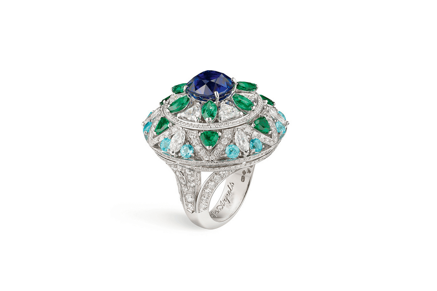 ring with white gold, diamonds, emeralds, tourmalines and a cushion-cut sapphire from Van Cleef & Arpels