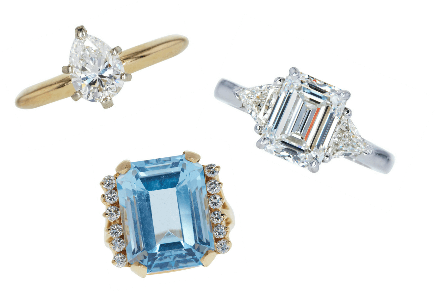 Clockwise from the top - Emerald Cut 3 Stone Ring; Emerald Cut Ring; Pear Cut Solitaire Ring