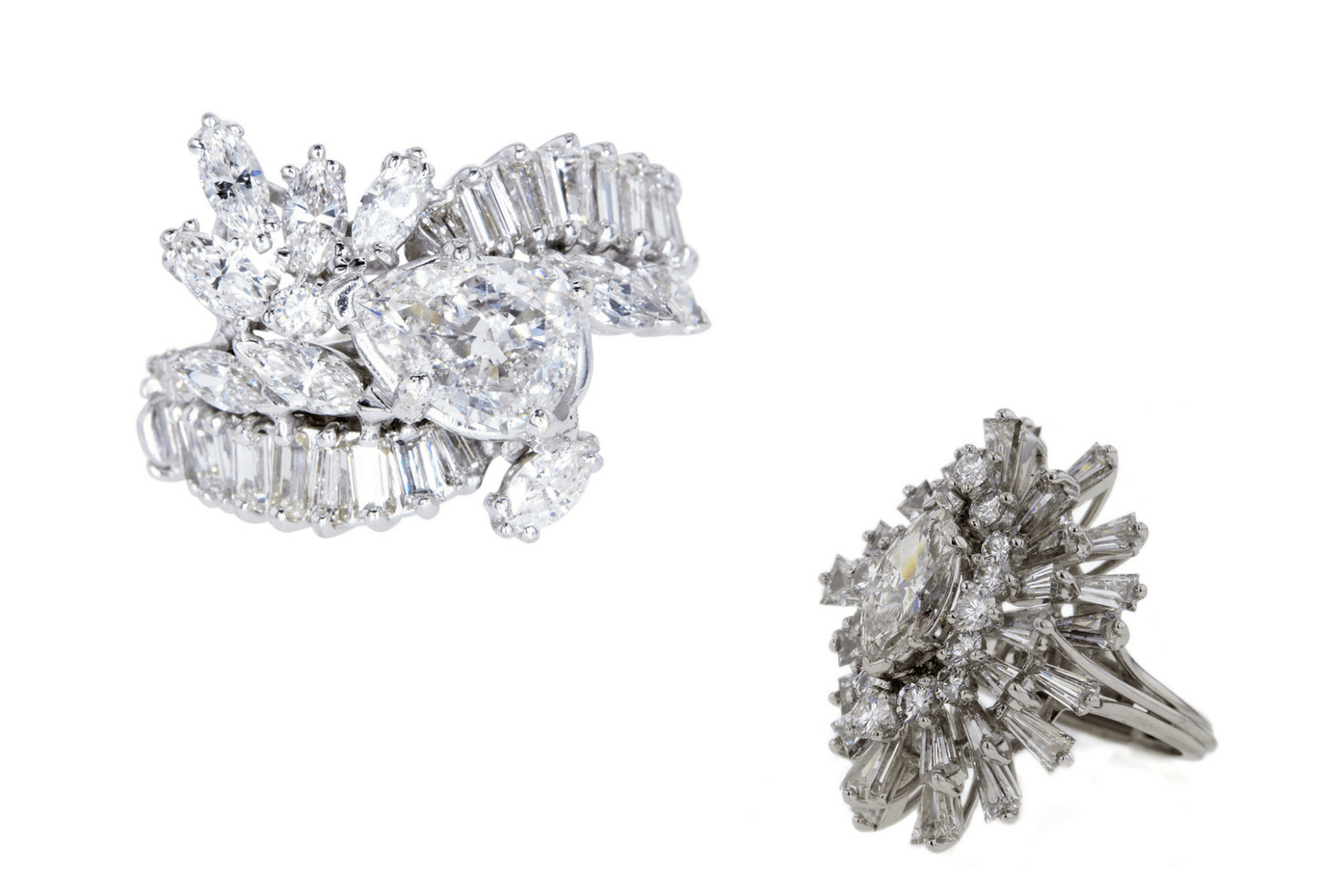 Left - Pear Cut Central Cluster Ring. Right - Marquise Cut Ring