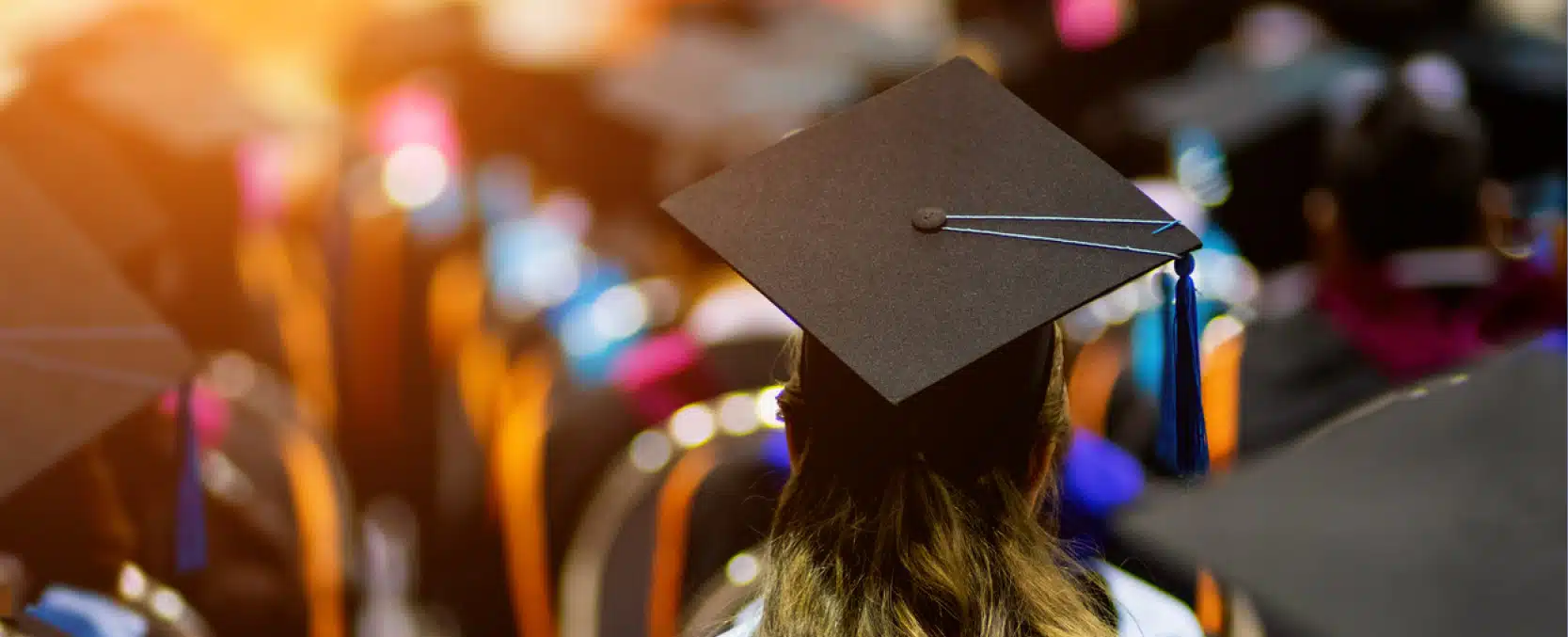 Recent graduate attends a graduation ceremony with their back turned proudly displaying their graduation cap.